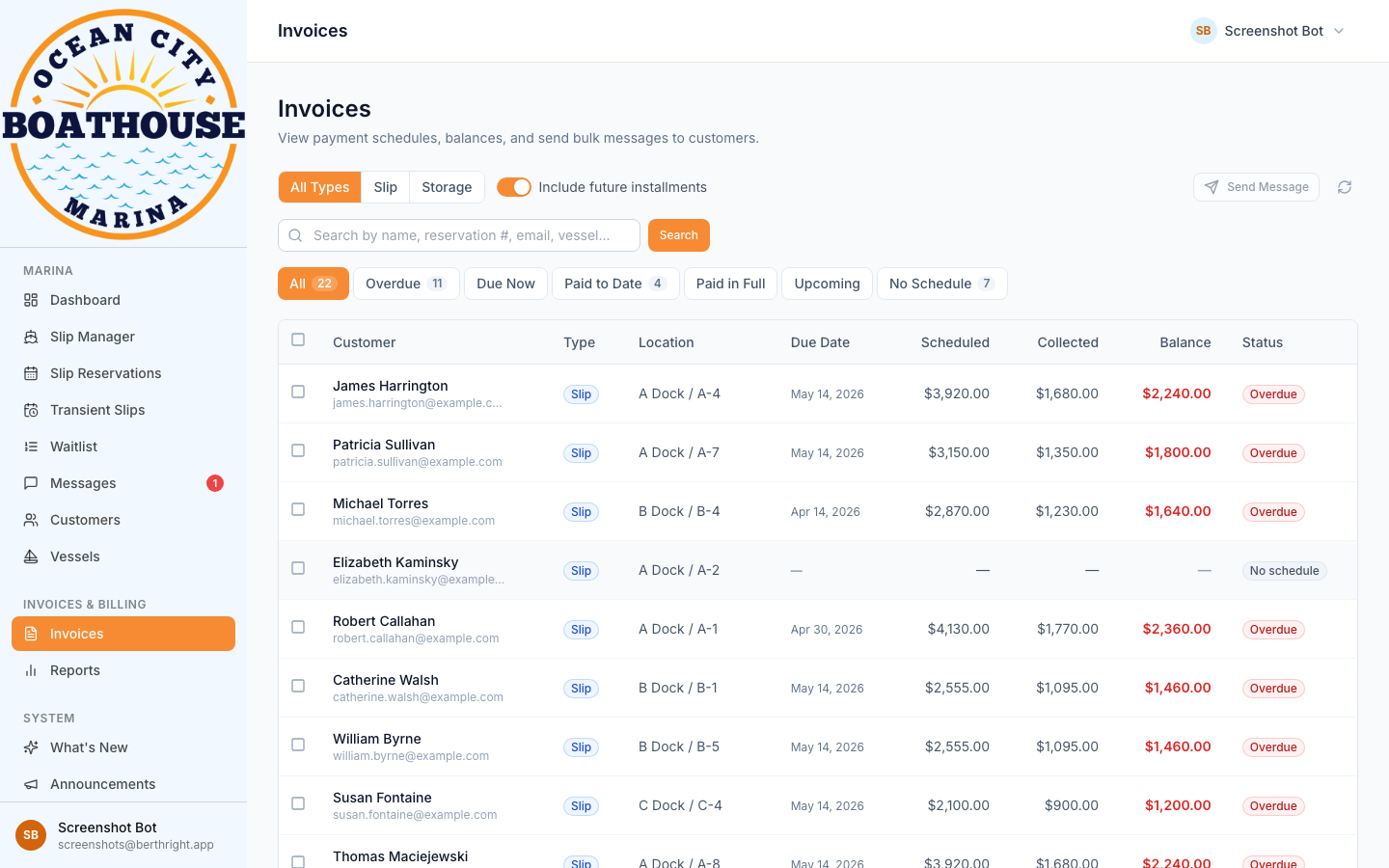 Invoice list with payment statuses and balances