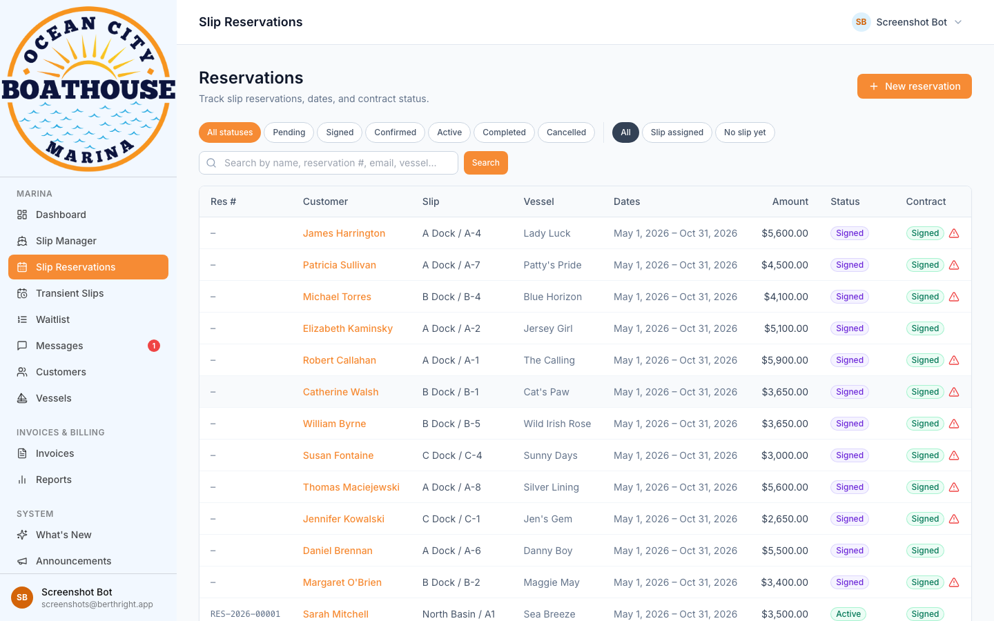 Reservations list with contract statuses